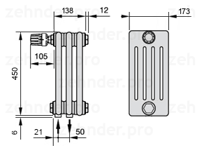 Схема (чертеж) Радиатор Zehnder Charleston 5045/3 №V001 Белый глянцевый RAL 9016